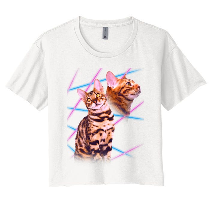 Retro 80s Eighties Lasers Double Exsposure Cat Crop Top