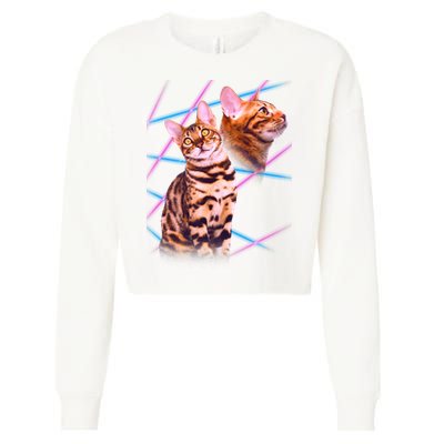 Retro 80s Eighties Lasers Double Exsposure Cat Cropped Pullover Crew