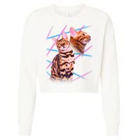 Retro 80s Eighties Lasers Double Exsposure Cat Cropped Pullover Crew