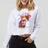 Retro 80s Eighties Lasers Double Exsposure Cat Cropped Pullover Crew