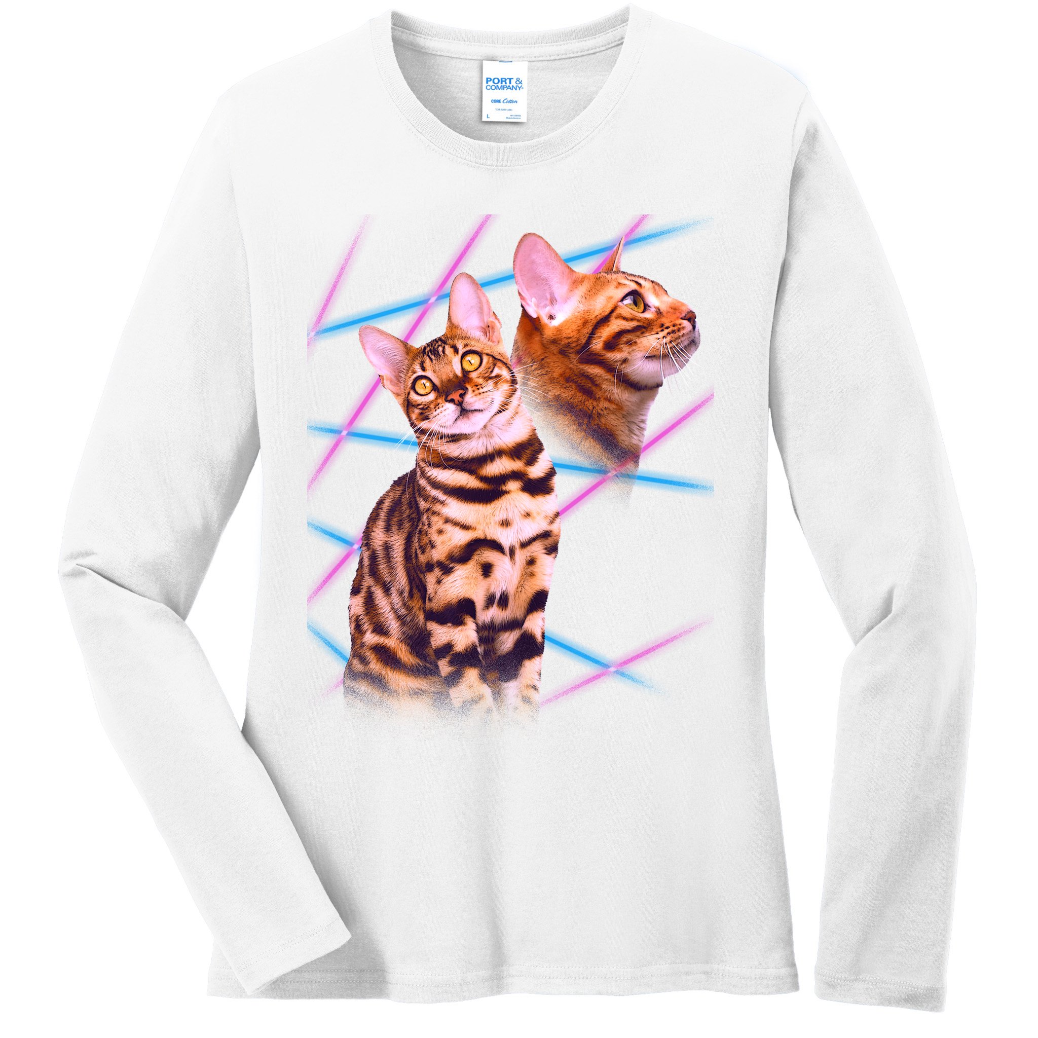 Retro 80s Eighties Lasers Double Exsposure Cat Ladies Long Sleeve Shirt