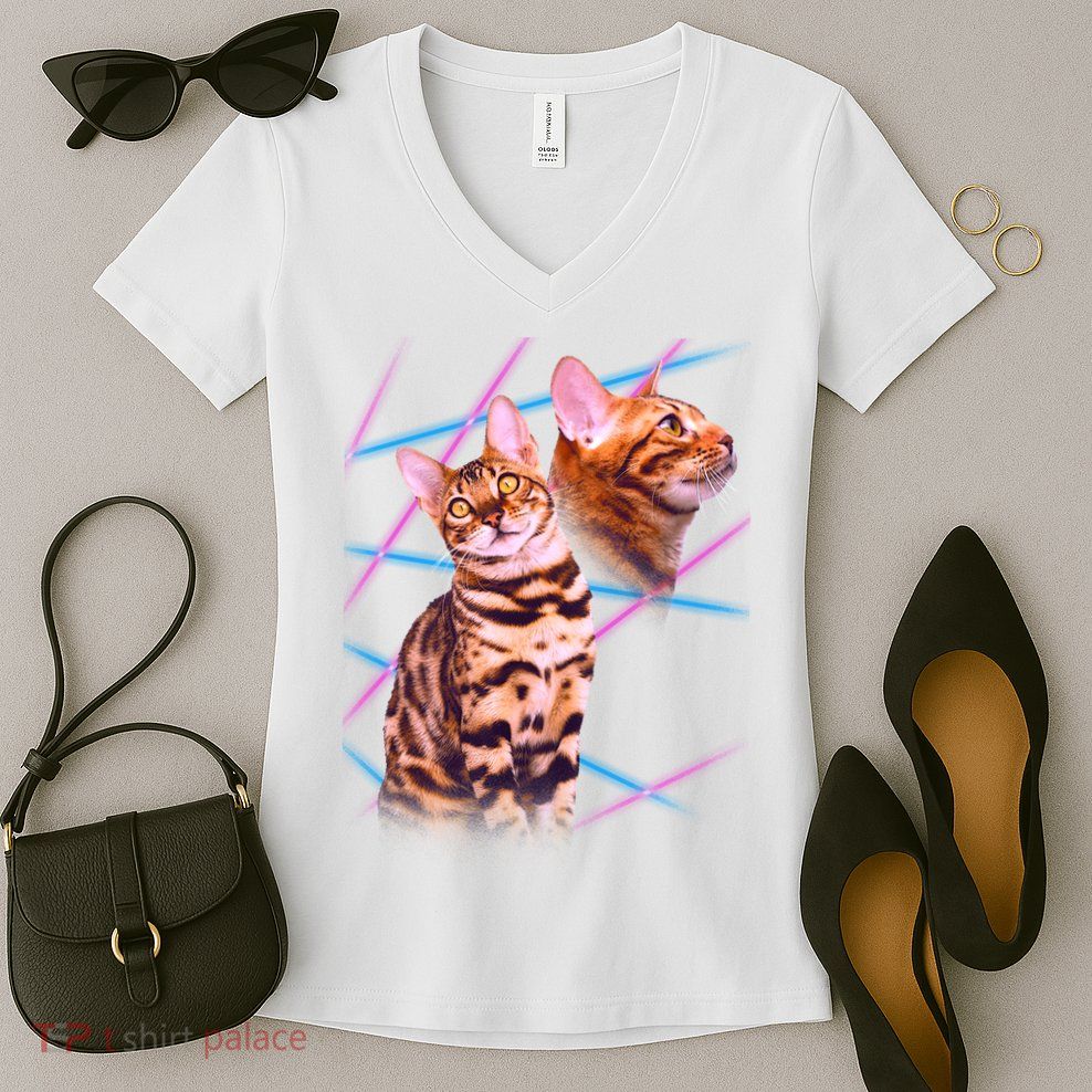 Retro 80s Eighties Lasers Double Exsposure Cat Women's V-Neck T-Shirt