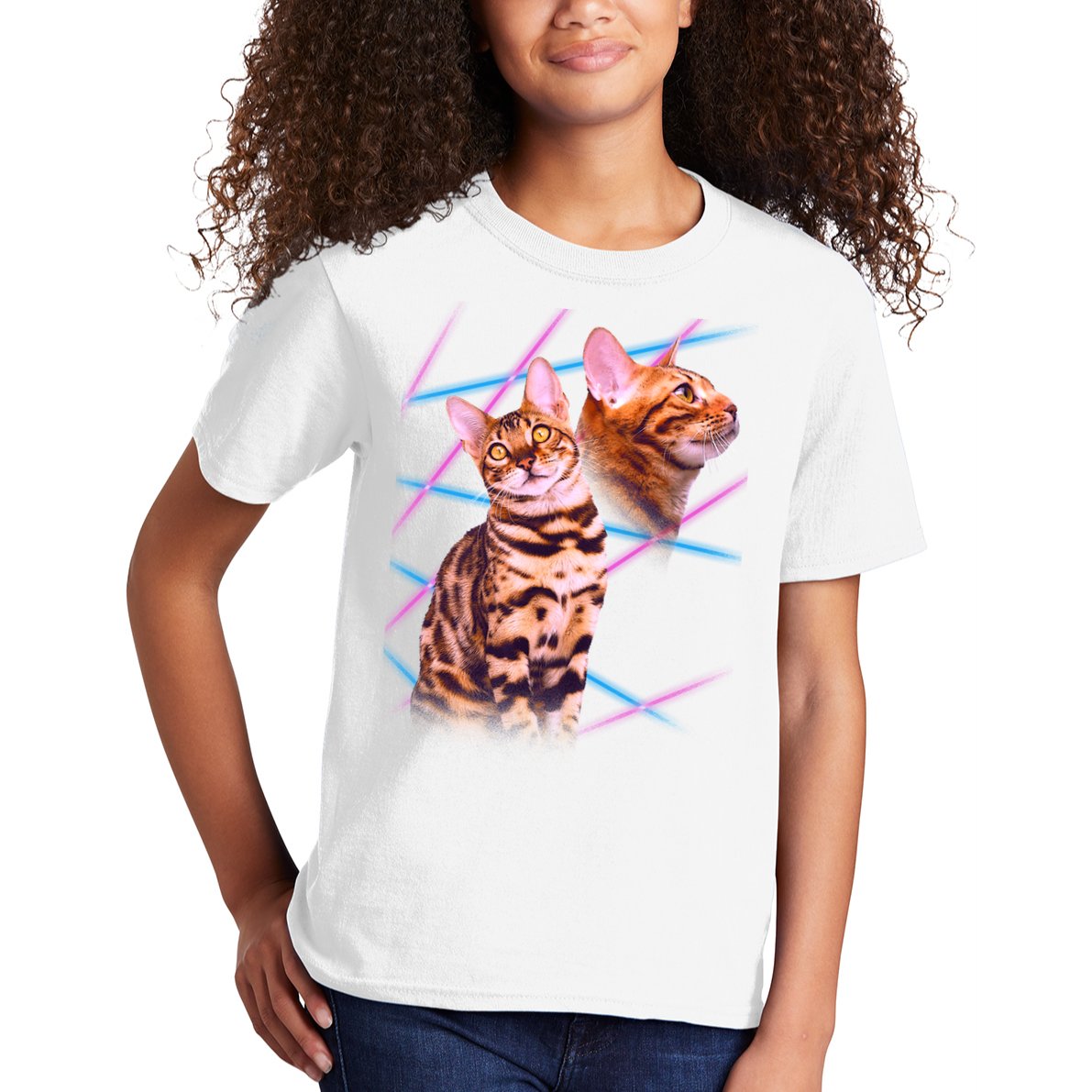 Retro 80s Eighties Lasers Double Exsposure Cat Kids T-Shirt