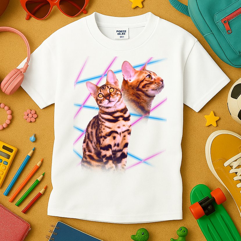Retro 80s Eighties Lasers Double Exsposure Cat Kids T-Shirt