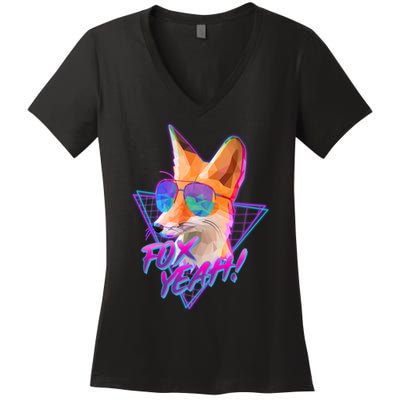 Retro 80's Eighties Polygon Fox Yeah Women's V-Neck T-Shirt