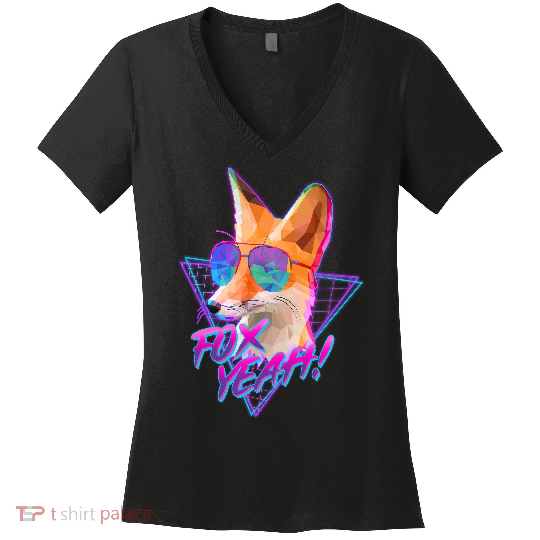 Retro 80's Eighties Polygon Fox Yeah Women's V-Neck T-Shirt