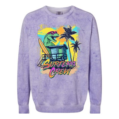 Retro 80s Eighties TRex Dinosaur Surfers Crew Colorblast Crewneck Sweatshirt