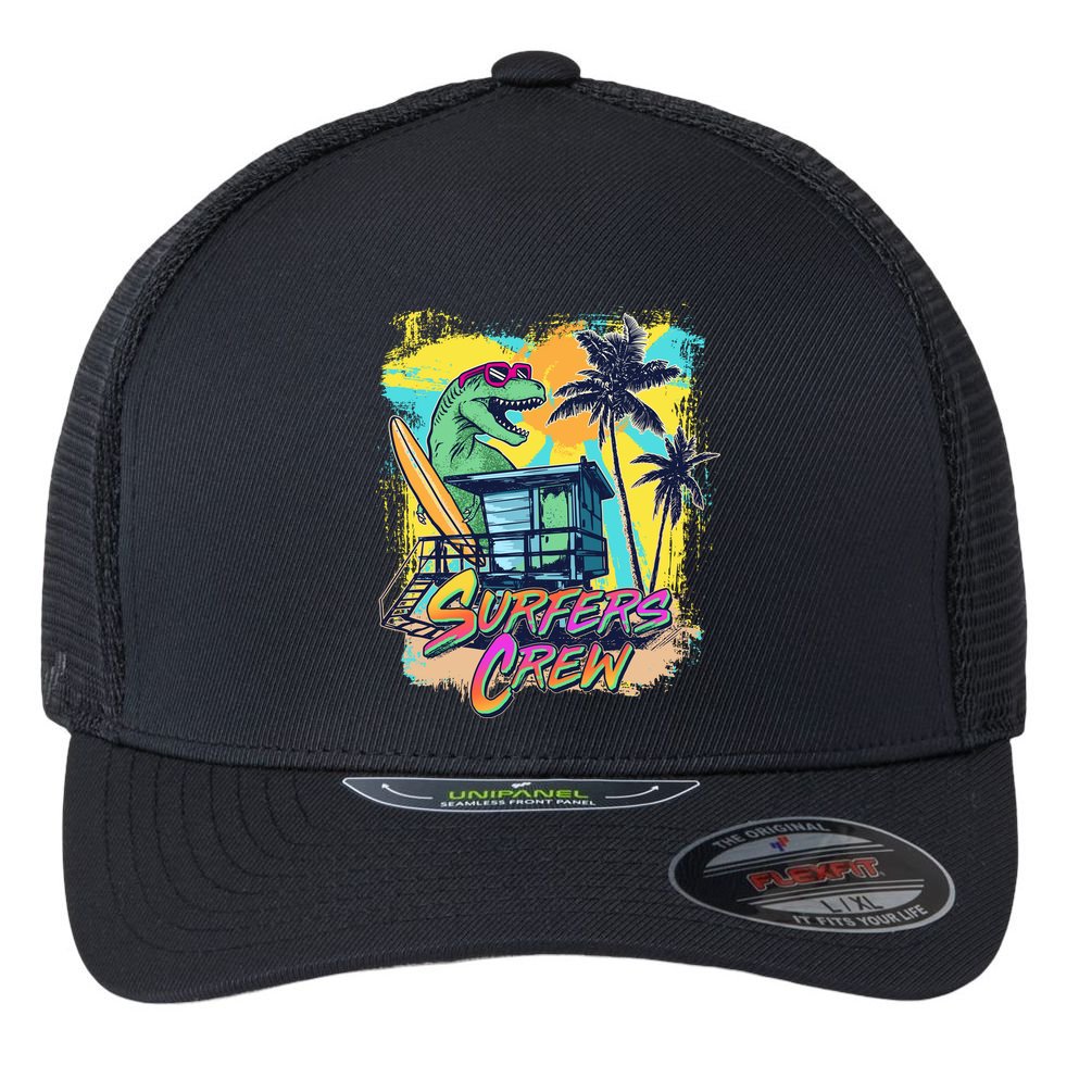 Retro 80s Eighties TRex Dinosaur Surfers Crew Flexfit Unipanel Trucker Cap