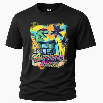 Retro 80s Eighties TRex Dinosaur Surfers Crew Performance Shirt