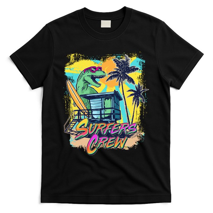 Retro 80s Eighties TRex Dinosaur Surfers Crew T-Shirt