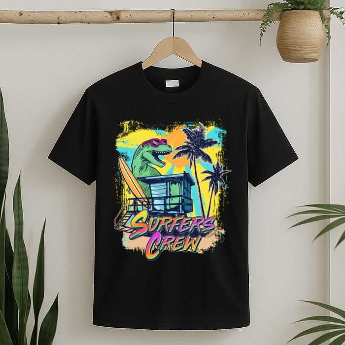 Retro 80s Eighties TRex Dinosaur Surfers Crew T-Shirt
