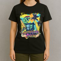 Retro 80s Eighties TRex Dinosaur Surfers Crew T-Shirt