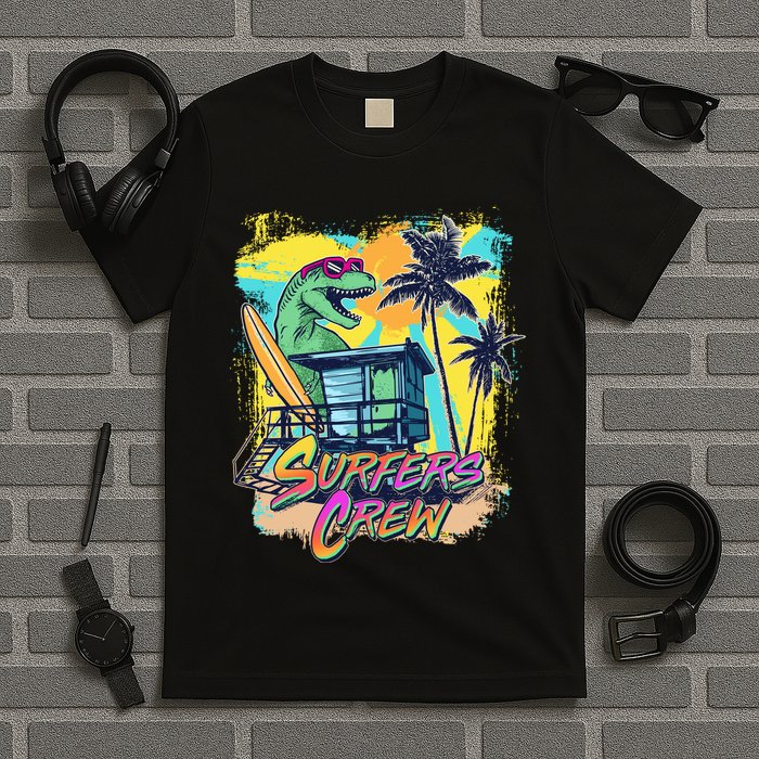 Retro 80s Eighties TRex Dinosaur Surfers Crew T-Shirt