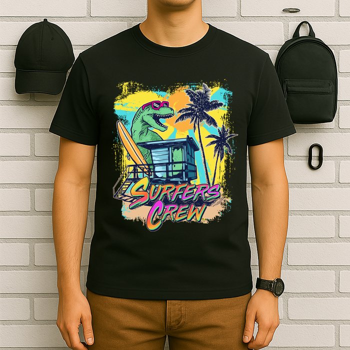 Retro 80s Eighties TRex Dinosaur Surfers Crew T-Shirt