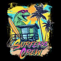 Retro 80s Eighties TRex Dinosaur Surfers Crew T-Shirt