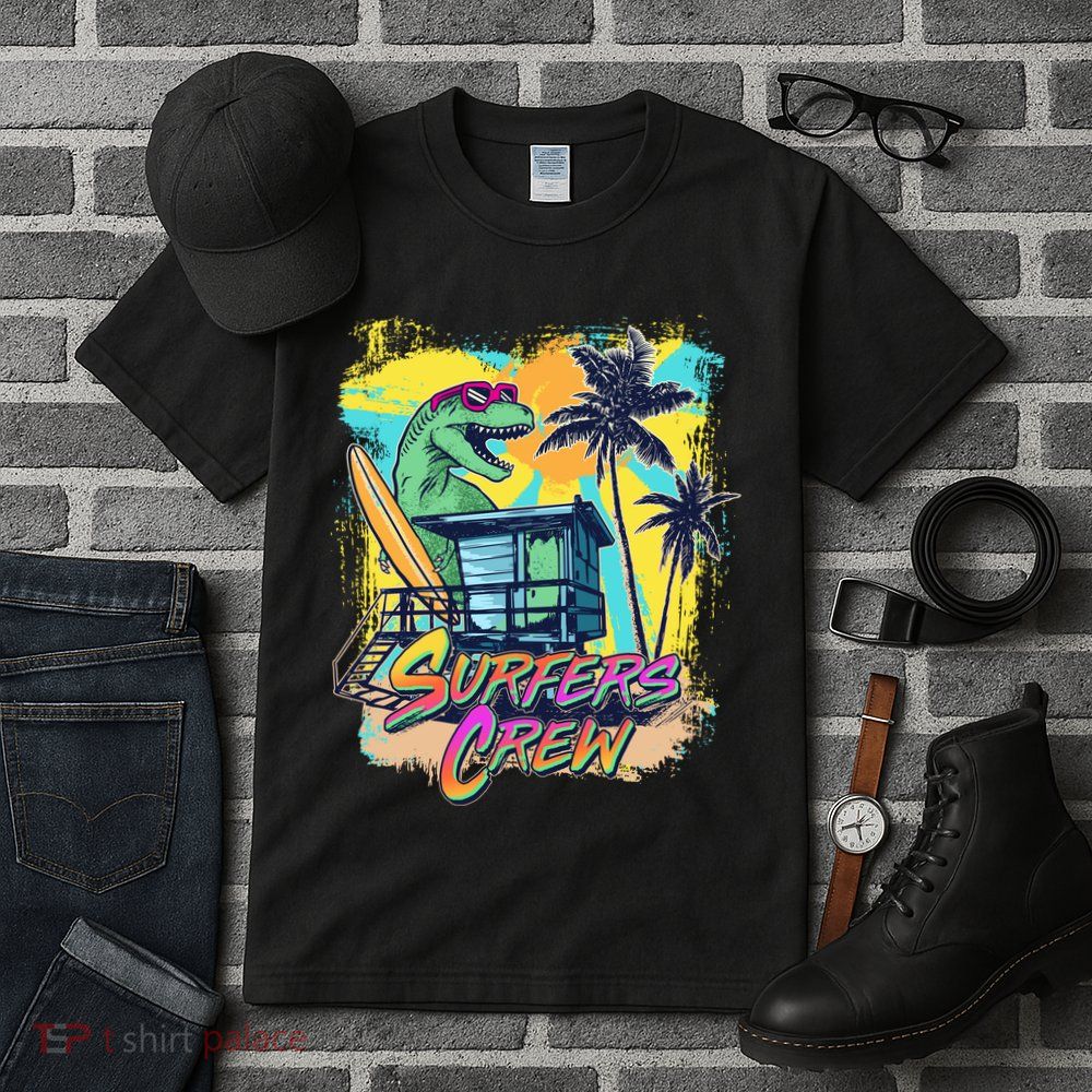 Retro 80s Eighties TRex Dinosaur Surfers Crew Tall T-Shirt