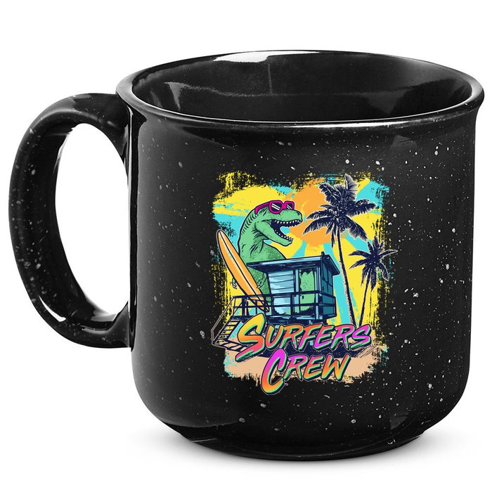 Retro 80s Eighties TRex Dinosaur Surfers Crew 15oz Campfire Ceramic Mug