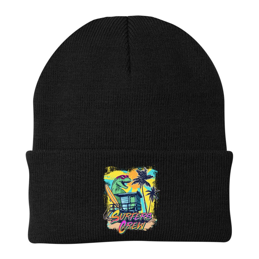 Retro 80s Eighties TRex Dinosaur Surfers Crew Beanie
