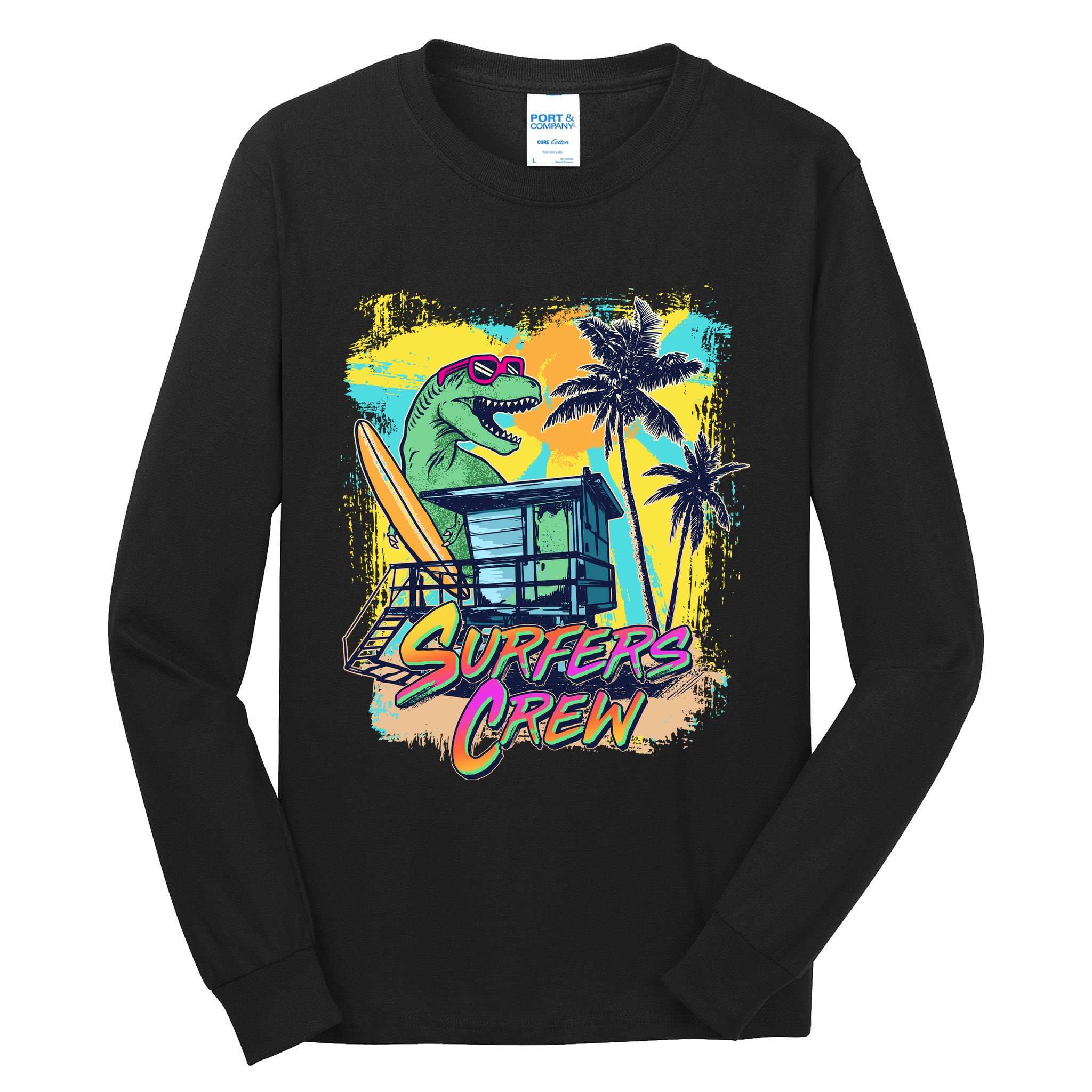 Retro 80s Eighties TRex Dinosaur Surfers Crew Tall Long Sleeve T-Shirt