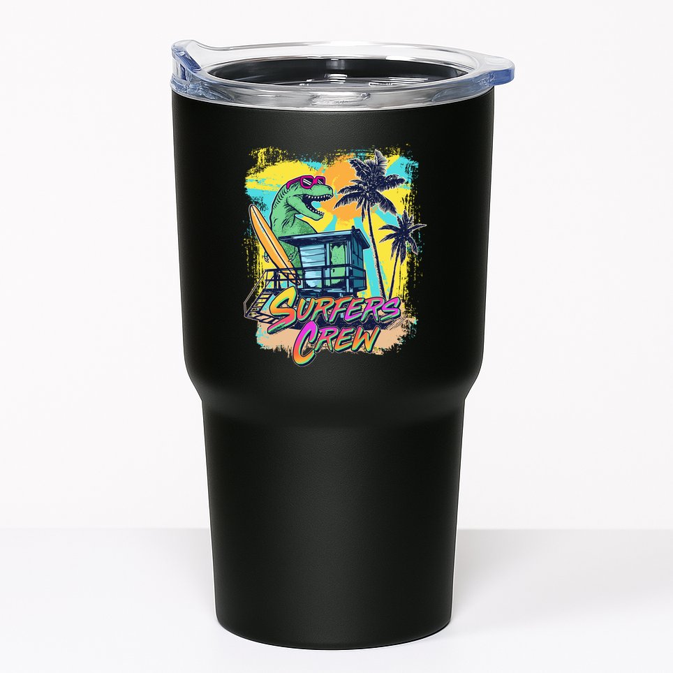 Retro 80s Eighties TRex Dinosaur Surfers Crew Tumbler