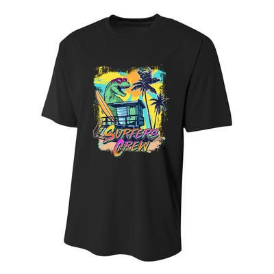 Retro 80s Eighties TRex Dinosaur Surfers Crew Youth Performance Sprint T-Shirt
