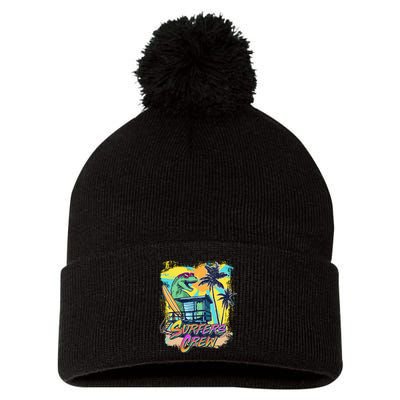 Retro 80s Eighties TRex Dinosaur Surfers Crew Pom Pom 12in Knit Beanie