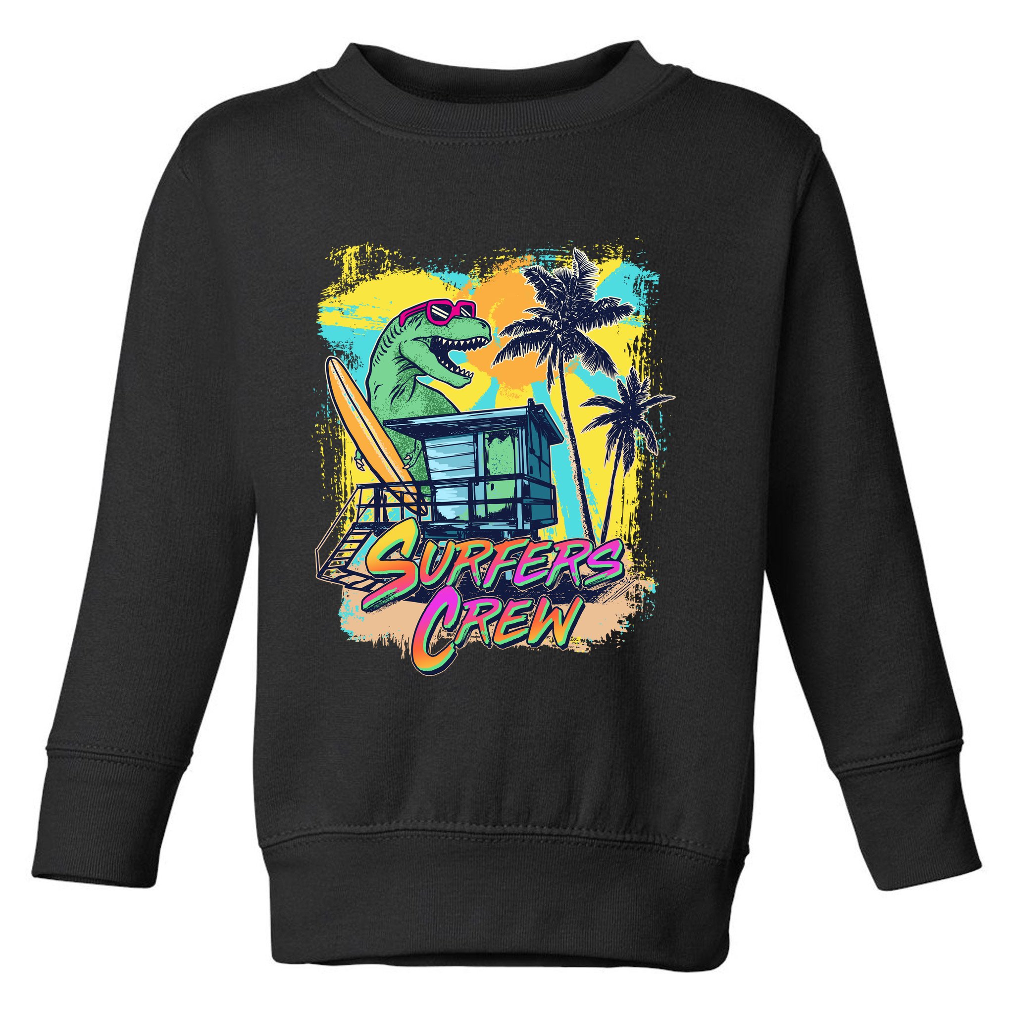 Retro 80s Eighties TRex Dinosaur Surfers Crew Toddler Sweatshirt