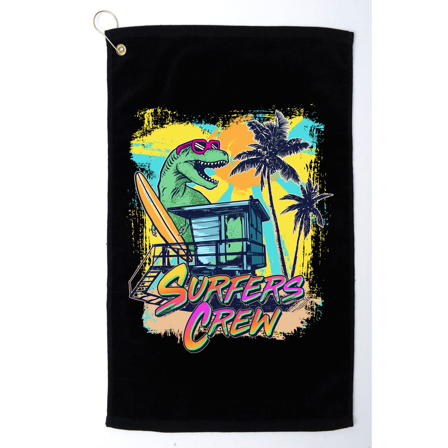 Retro 80s Eighties TRex Dinosaur Surfers Crew Golf Towel