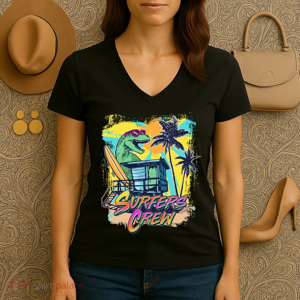 Retro 80s Eighties TRex Dinosaur Surfers Crew Women's V-Neck T-Shirt