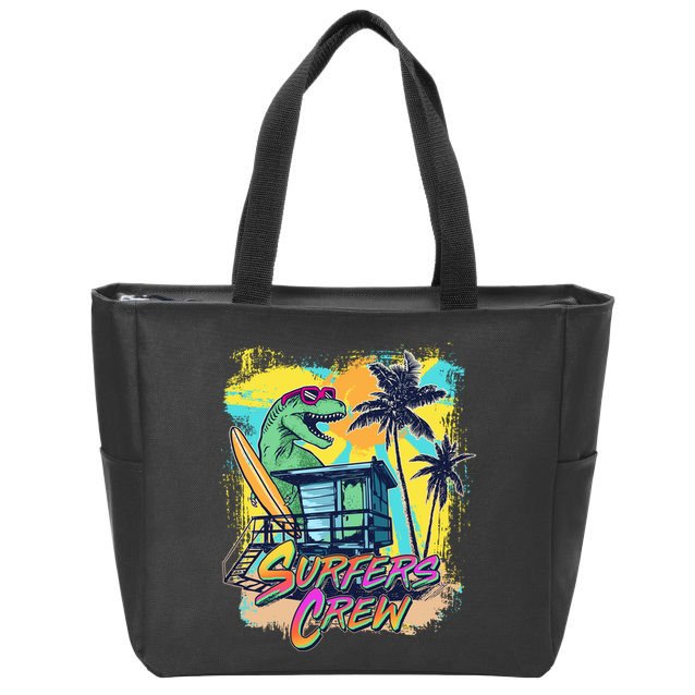 Retro 80s Eighties TRex Dinosaur Surfers Crew Zip Tote Bag