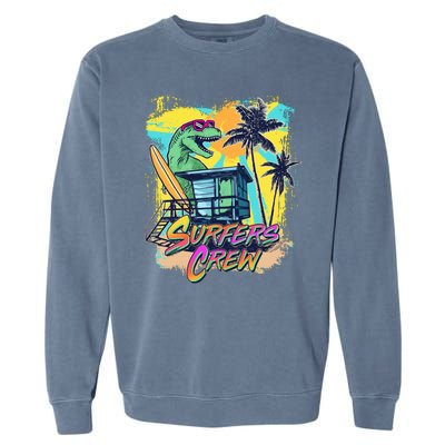 Retro 80s Eighties TRex Dinosaur Surfers Crew Garment-Dyed Sweatshirt