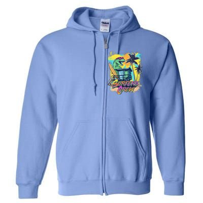 Retro 80s Eighties TRex Dinosaur Surfers Crew Full Zip Hoodie