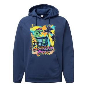 Retro 80s Eighties TRex Dinosaur Surfers Crew Performance Fleece Hoodie