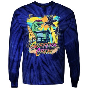 Retro 80s Eighties TRex Dinosaur Surfers Crew Tie-Dye Long Sleeve Shirt