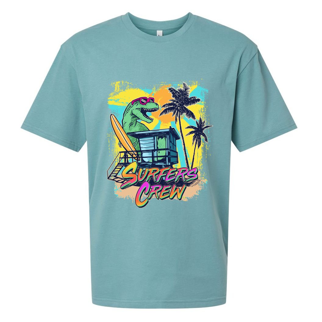 Retro 80s Eighties TRex Dinosaur Surfers Crew Sueded Cloud Jersey T-Shirt
