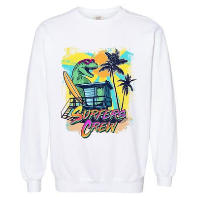 Retro 80s Eighties TRex Dinosaur Surfers Crew Garment-Dyed Sweatshirt
