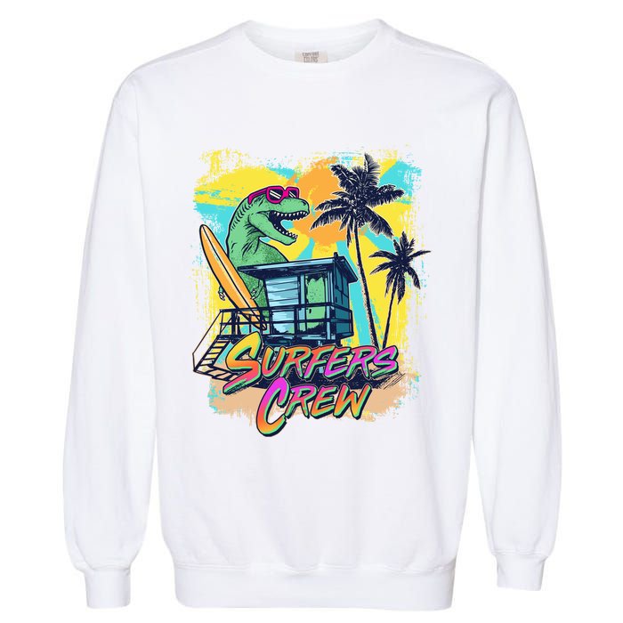 Retro 80s Eighties TRex Dinosaur Surfers Crew Garment-Dyed Sweatshirt