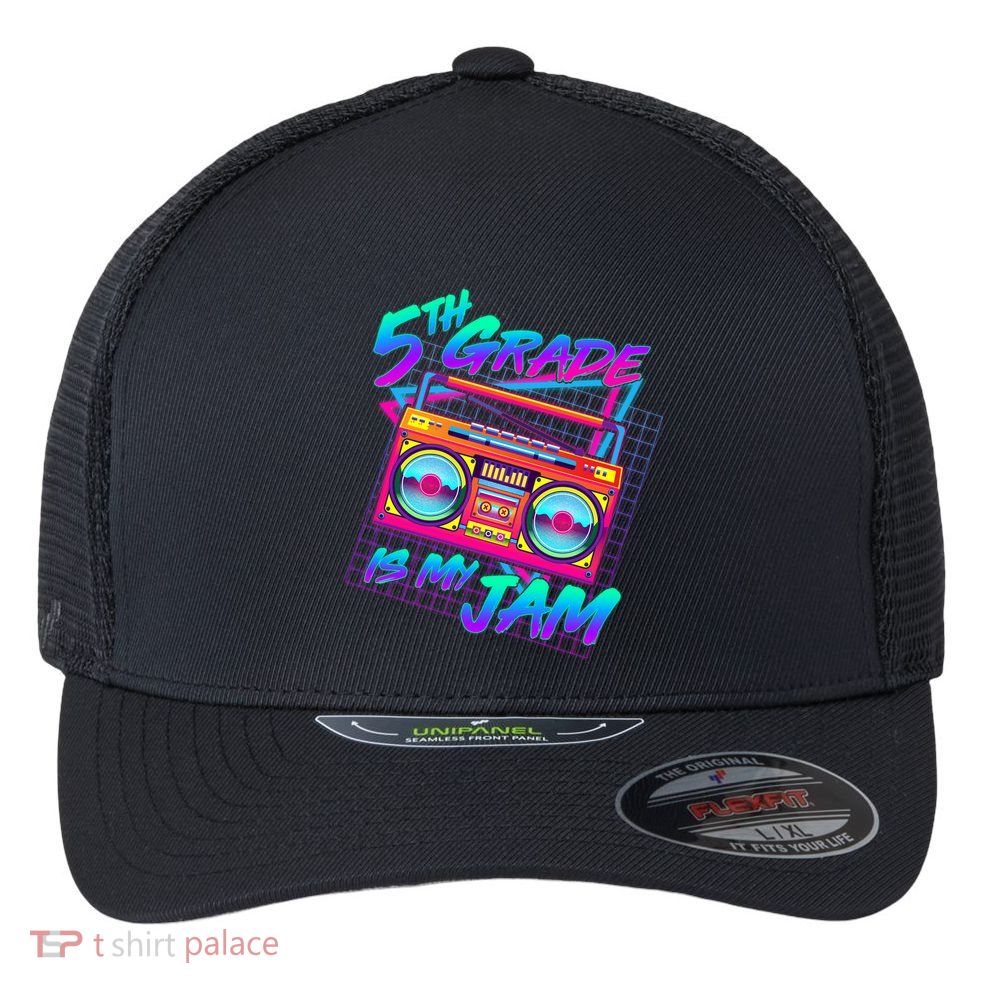 Retro 80's Fifth Grade Is My Jam Neon Boombox Flexfit Unipanel Trucker Cap