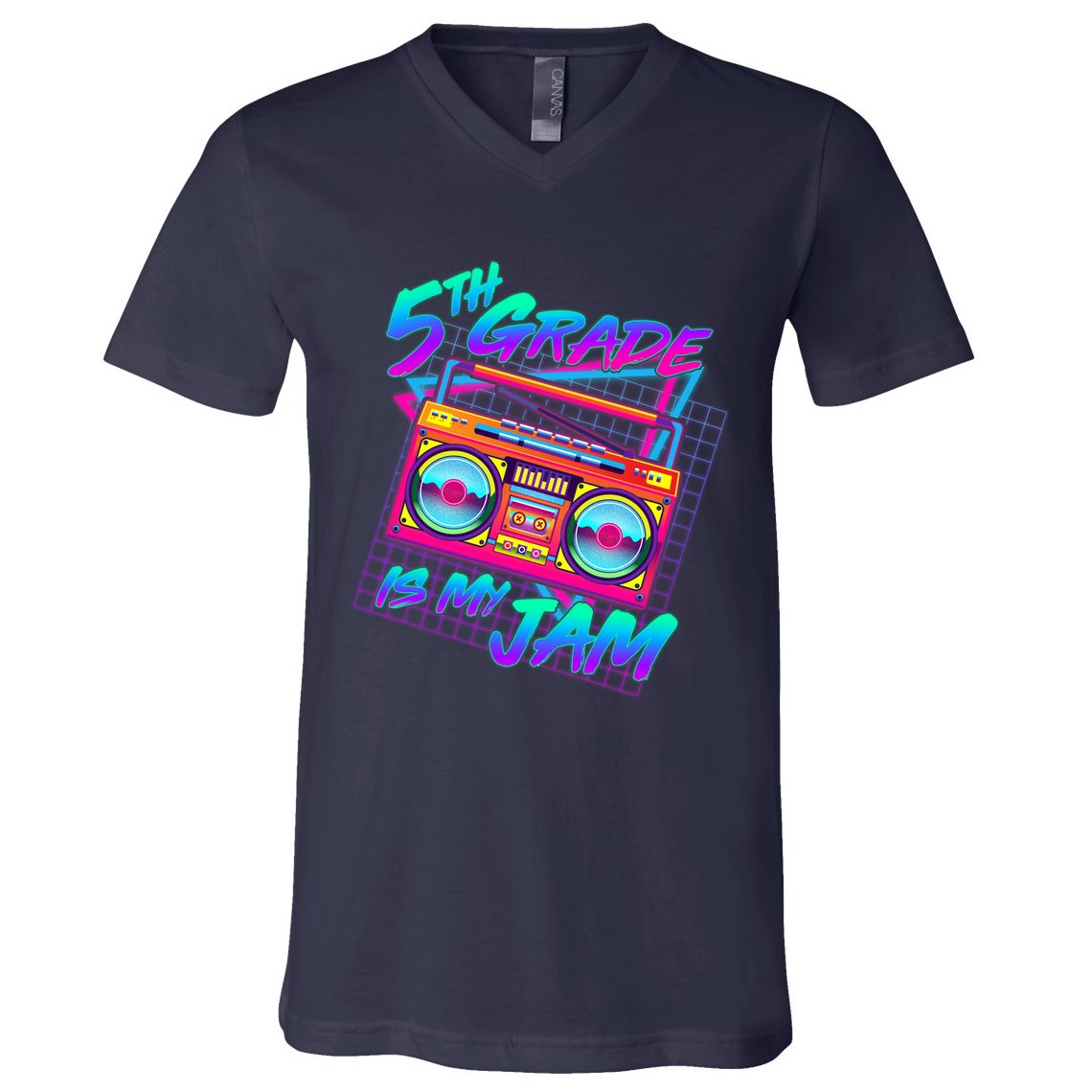 Retro 80's Fifth Grade Is My Jam Neon Boombox V-Neck T-Shirt