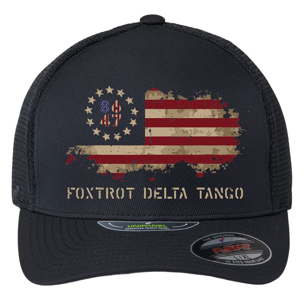 Resist 8647 Foxtrot Delta Tango USA Flag Protest Women Flexfit Unipanel Trucker Cap