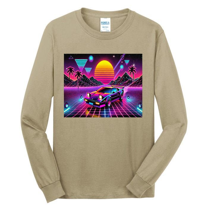 Retro 80s Futuristic Car Bright Vivid Sunset Scifi Artful Tall Long Sleeve T-Shirt