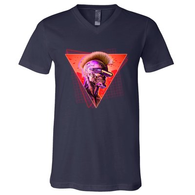 Retro 80s Halloween Cyberpunk Skeleton V-Neck T-Shirt