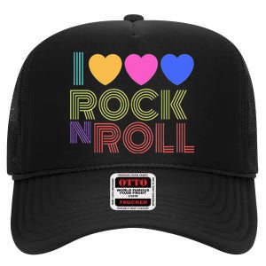 Retro 80s Hearts I Love Rock N Roll Music For Fans High Crown Mesh Back Trucker Hat