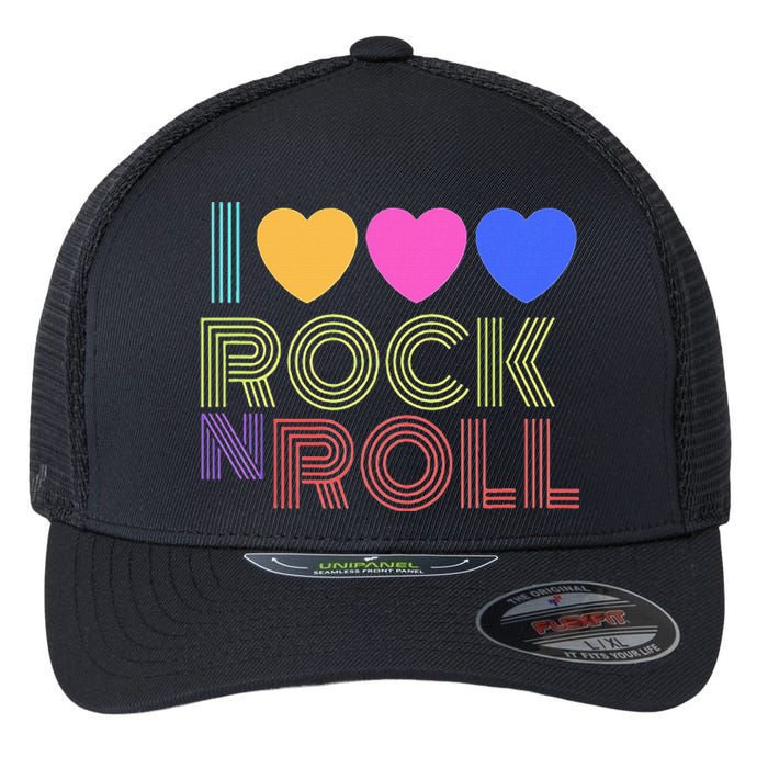 Retro 80s Hearts I Love Rock N Roll Music For Fans Flexfit Unipanel Trucker Cap