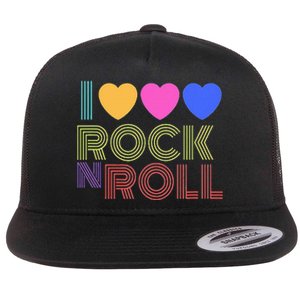 Retro 80s Hearts I Love Rock N Roll Music For Fans Flat Bill Trucker Hat