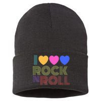 Retro 80s Hearts I Love Rock N Roll Music For Fans Sustainable Knit Beanie