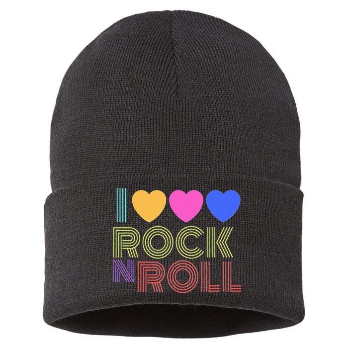 Retro 80s Hearts I Love Rock N Roll Music For Fans Sustainable Knit Beanie