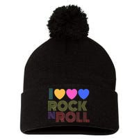 Retro 80s Hearts I Love Rock N Roll Music For Fans Pom Pom 12in Knit Beanie