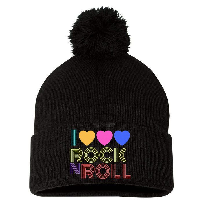 Retro 80s Hearts I Love Rock N Roll Music For Fans Pom Pom 12in Knit Beanie