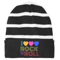 Retro 80s Hearts I Love Rock N Roll Music For Fans Striped Beanie with Solid Band